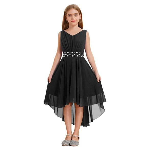 Riismen Kids Girls Chiffon Wedding Bridesmaid Dress Sleeveless High Low Hem Flower Girl Birthday Party Dress Black 10