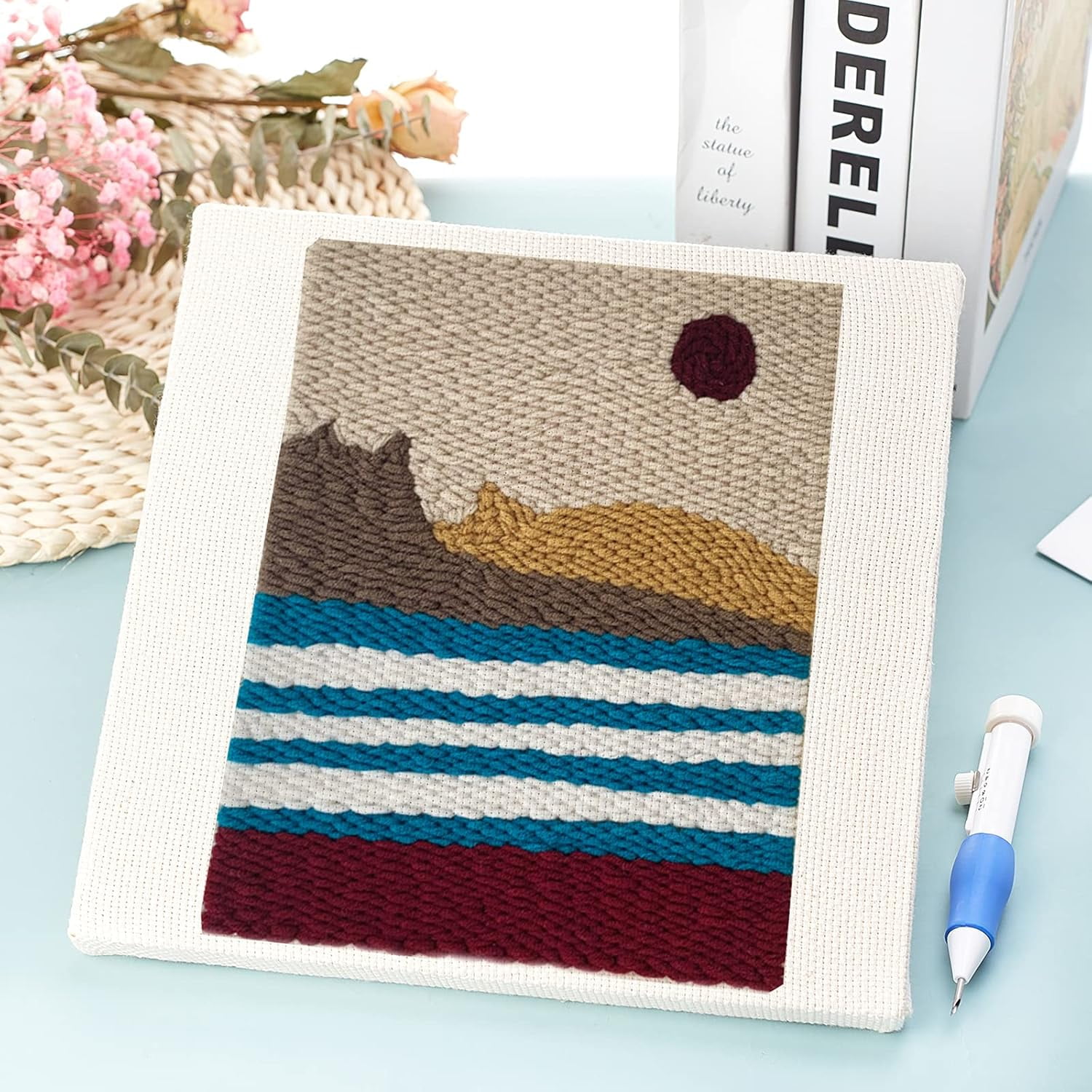 2Pcs Punch Needle Frame Covered with Cloth Needlework Fabric Punch Needle Cloth for Craft Stitching Applique Embellishment 9.8×9.8"