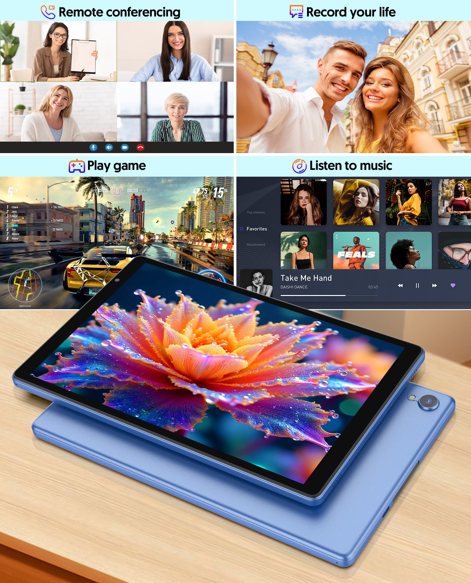 Android Tablet, 10 inch Android 14 Tablet, Quad-core CPU, RAM 4GB（2G+2G）, ROM 32GB (Up to 1TB), 800x1280 IPS, WiFi 6, 2MP+2MP, 6000mAh, Blue