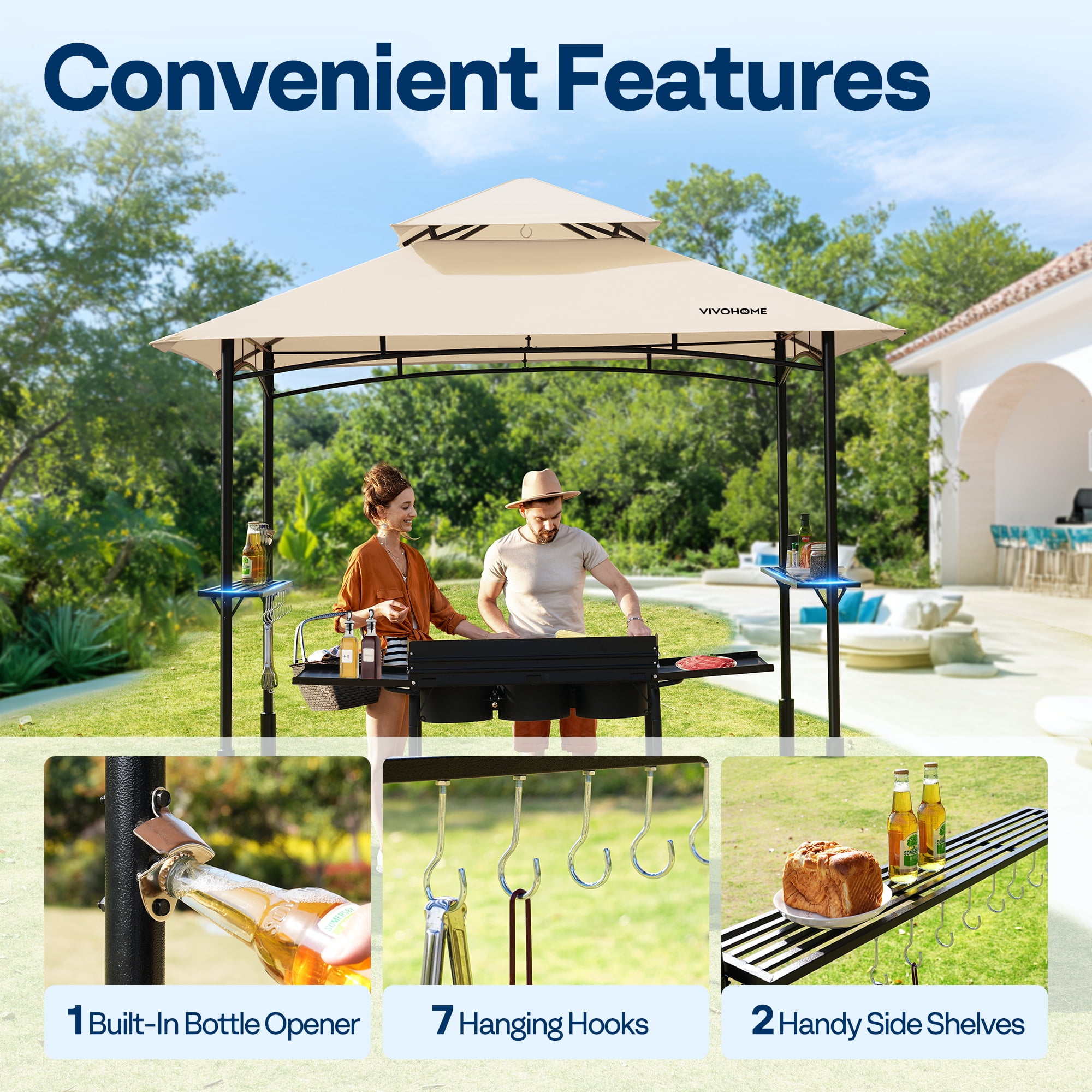 SPECSTAR 8' x 5' Grill Gazebo Canopy, Outdoor BBQ Gazebo Shelter with 2 Side Shelves & Double-Tiered Top, Beige