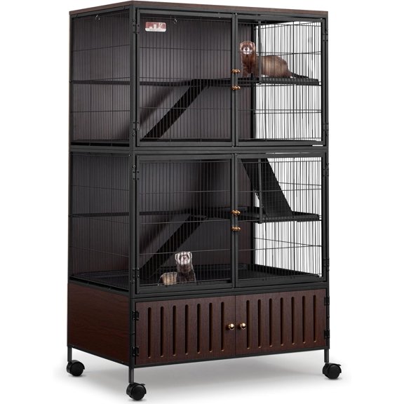 Juiluna 60" Large Metal Ferret Cage, 3-Level Chinchilla Cagewith Wheels, Multi-Level Small Animal Habitat for Chinchilla/Guinea Pig/Rats, Lockable Doors, Ramps, Hammock & Storage Cabinet (Black)