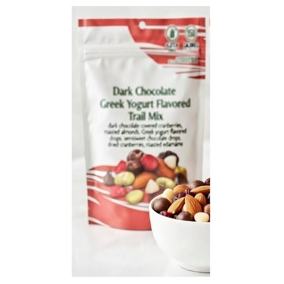 Gluten Free Dark Chocolate Trail Mix: Greek Yogurt Drops Dark Chocolate Cranberries, Roasted Almonds, Edamame, Semisweet Chocolate Chips & Cranberries, Nice 7oz Bag