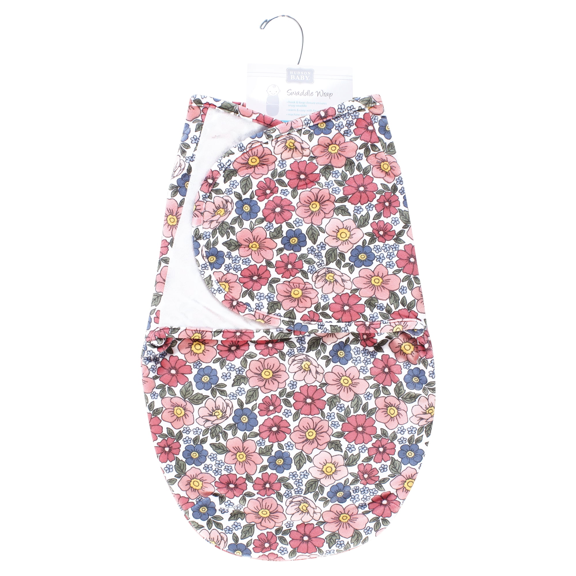 Hudson Baby Infant Girl Plush Faux Fur Swaddle Wrap, Pink Blue Pretty Floral, 0-3 Months