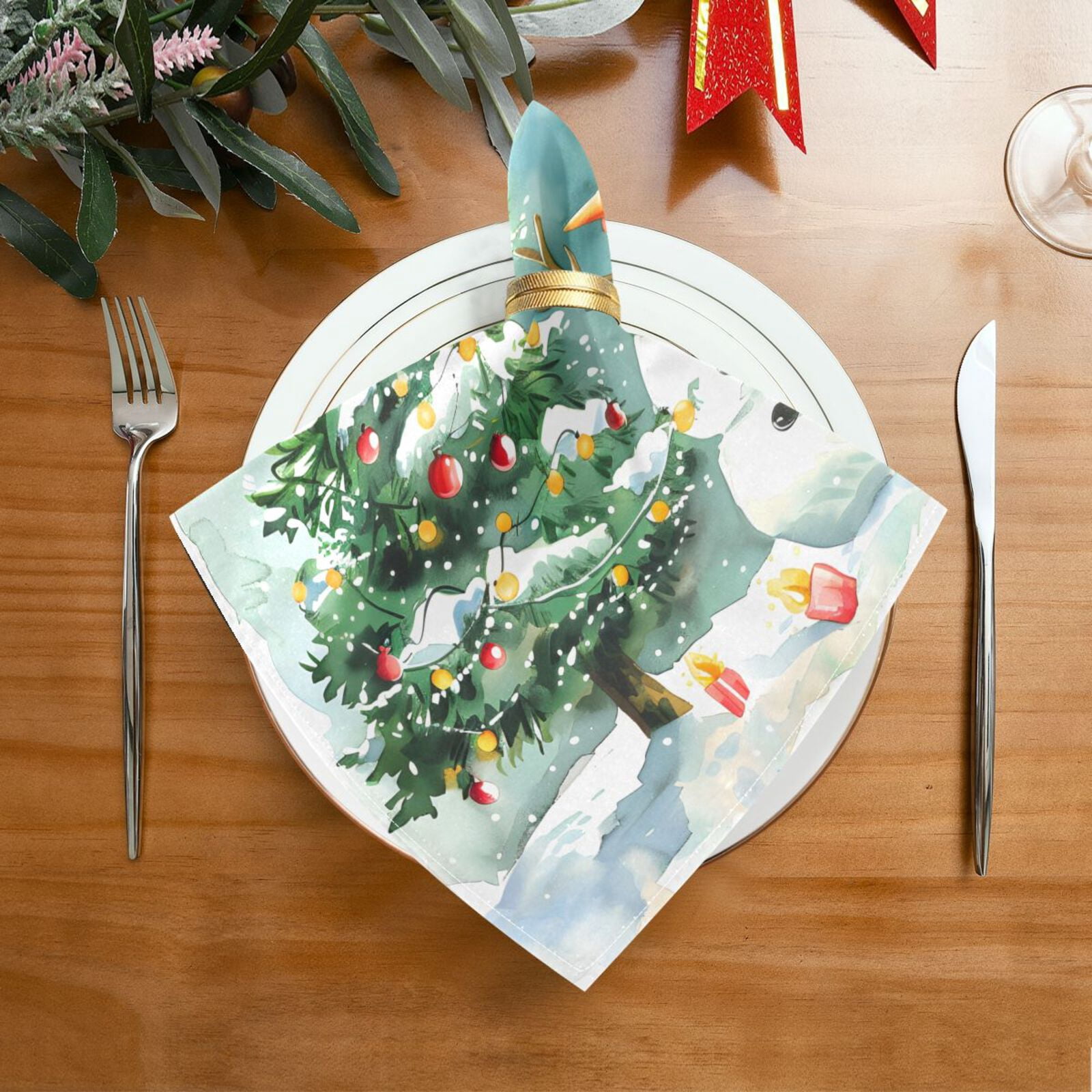 JSTEL Christmas Snowman Tree Cloth Napkins Set of 6, 20x20 Inch Washable and Reusable Napkin for Decoupage Dinner Party Everyday Use