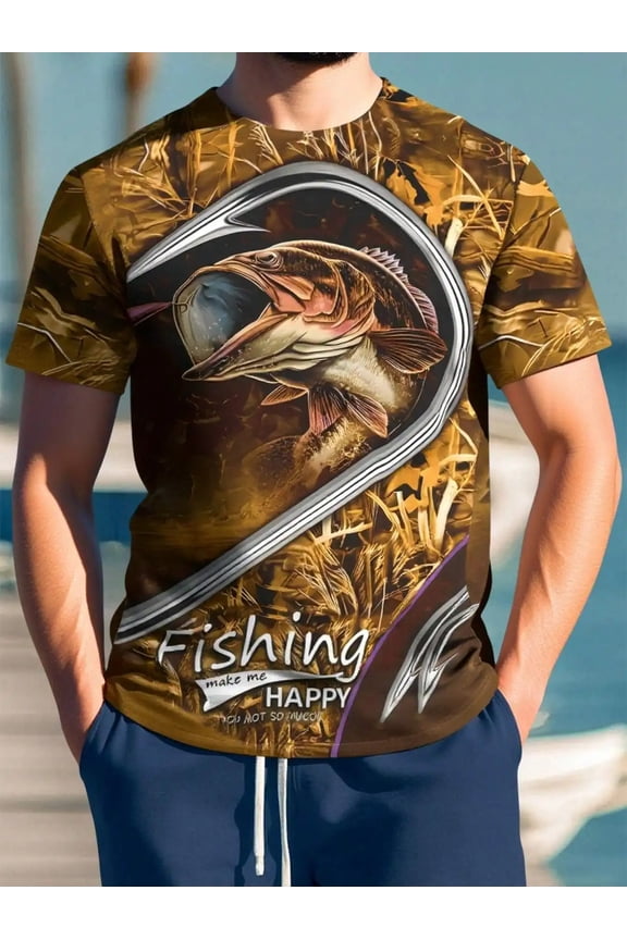 Men'S T-Shirt, Breathable Short Sleeve Outdoor with Bass Scale Pattern, Durable Summer Fishing Gear, C Fishing Letter Pattern T-Shirt Outdoor Fishing Short-Sleeve Apparel Lure Fishing Themed T-Shi