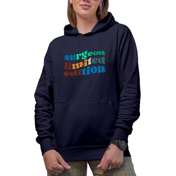 Surgeon Limited Edition, Medical Profession Themed, Groovy Retro Wavy Text Merch Gift, Navy Blue Hooded Sweatshirt or Hoodie, Small