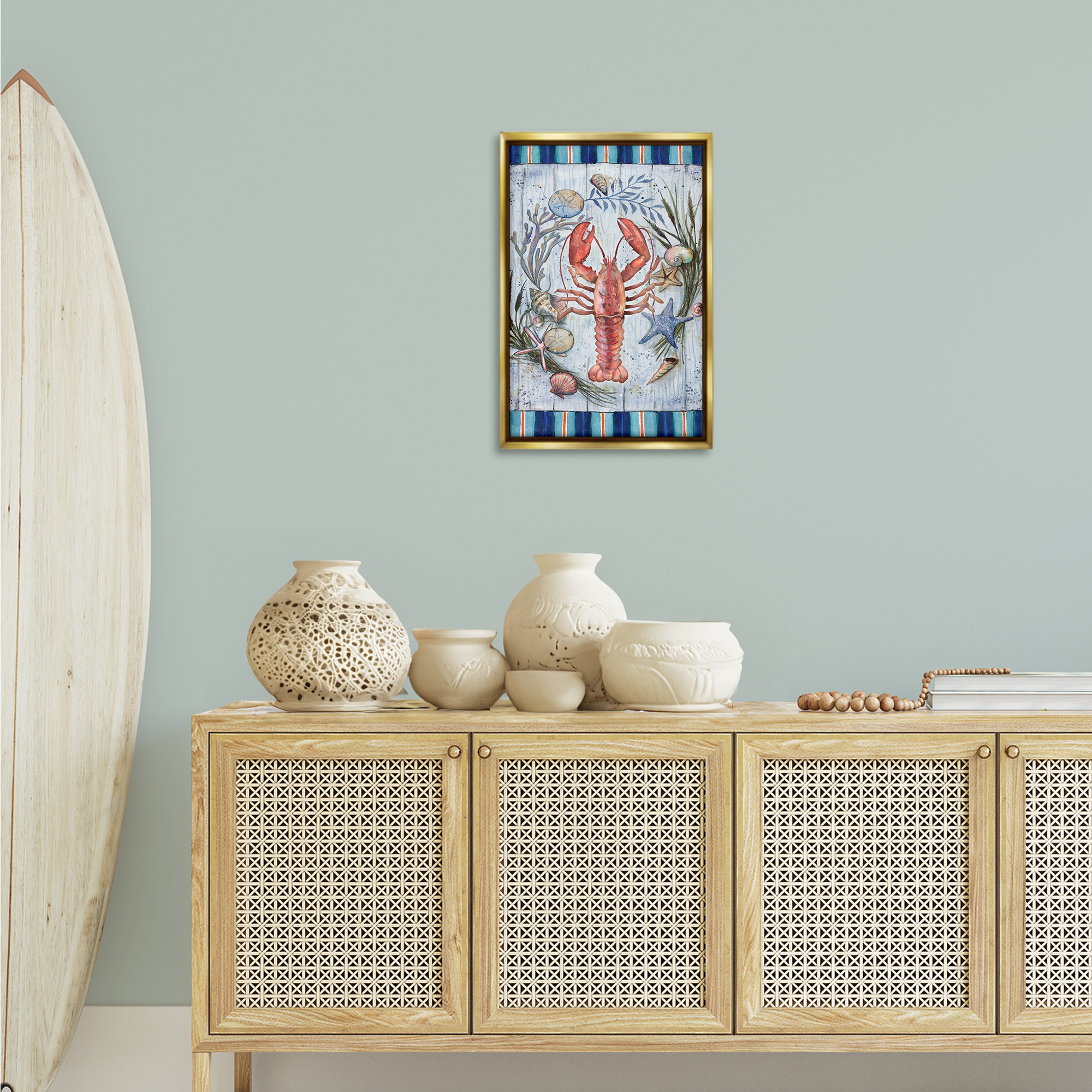 Stupell Industries Coastal Wreath & Lobster Nautical & Beach Painting Gold Floater Framed Canvas Art Print Wall Art, 17 x 25