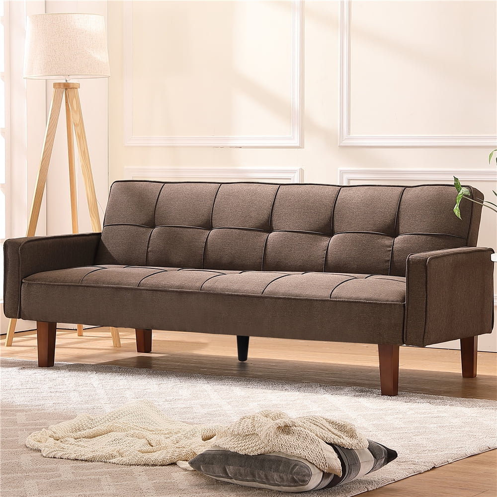Modern Fabric Futon Sofa Bed, Convertible Sofa Sleeper Bed with Armrest