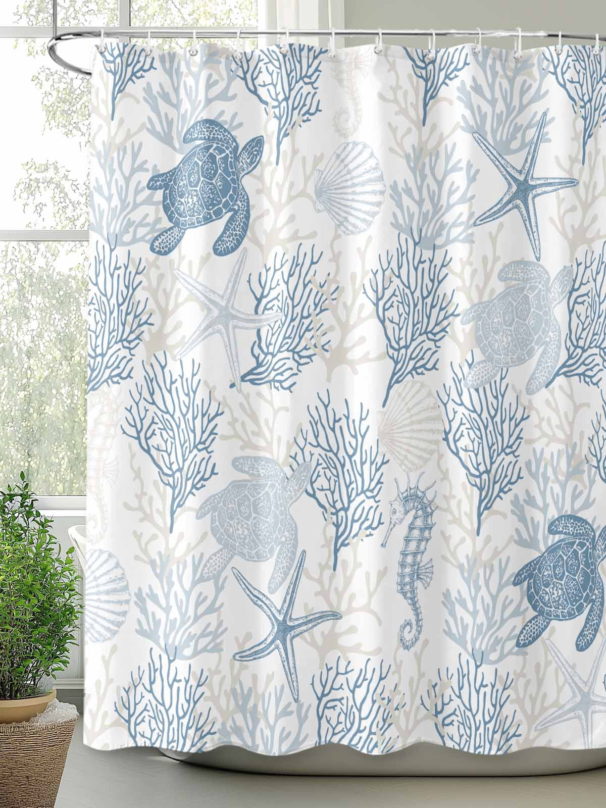 Boanket Polyester Fabric Blue Grey Coastal Shower Curtain, Sea Turtle Nautical Coral Summer Beach Waterproof Bathtub Curtain Bathroom Decor Set with Hooks 36 x 78 Inches,