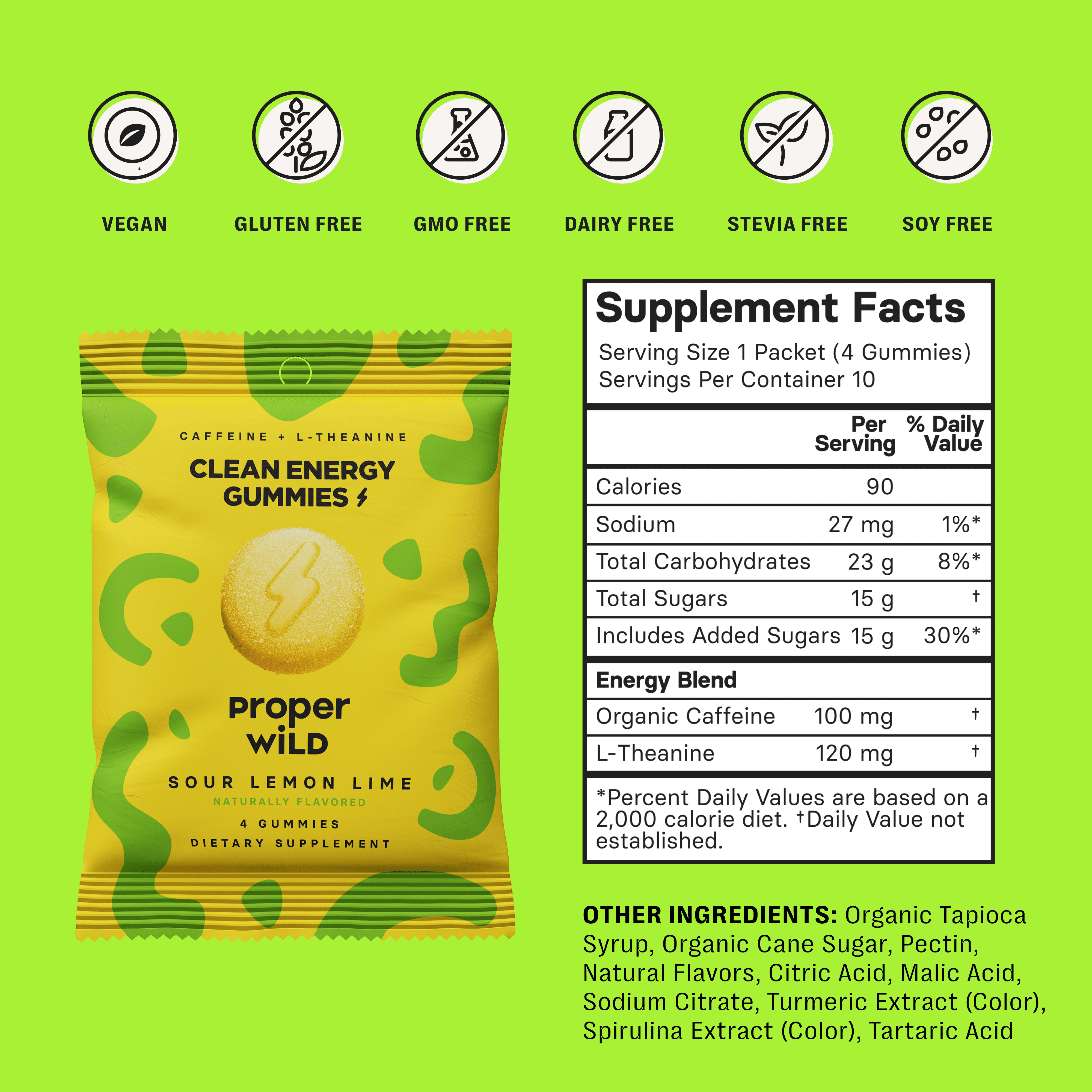 Proper Wild, Natural Clean Energy Gummies, Caffeine & L-Theanine, Sour Lemon Lime, 10-Pack