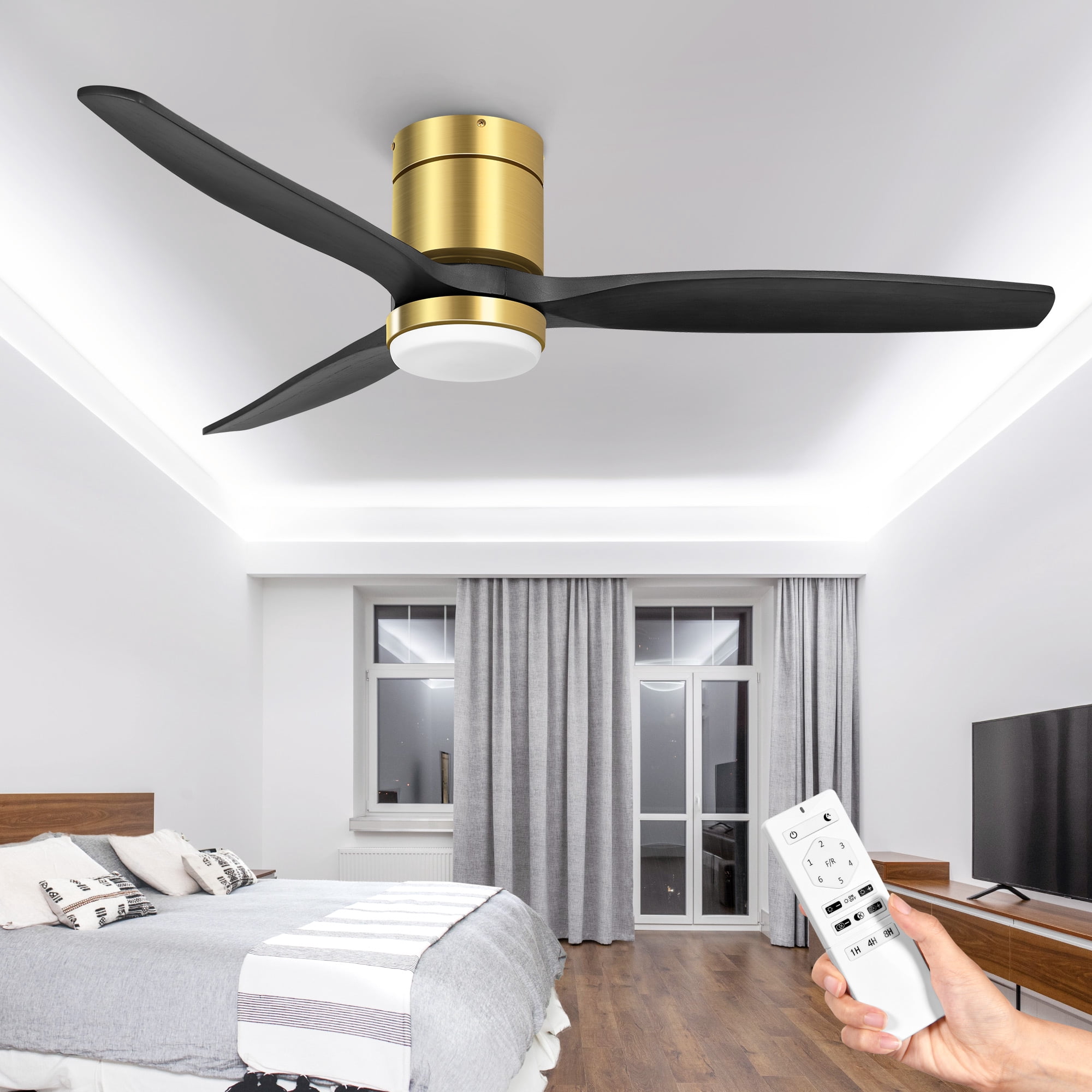 Uforic 52 Inch Low Profile Ceiling Fan with Lights Remote, Flush Mount Ceiling Fan with 3 Wood Fan Blade for Bedroom, Outdoor, Indoor, Black & Gold