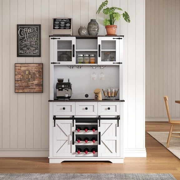 Kmax Farmhouse Coffee Bar Wine Cabinet, Hutch Buffet Cabinet with Wine & Glasses Rack, Sliding Barn Door, Drawer, Rustic White Tall Sideboard Table for Kitchen Dining Room, Black Top