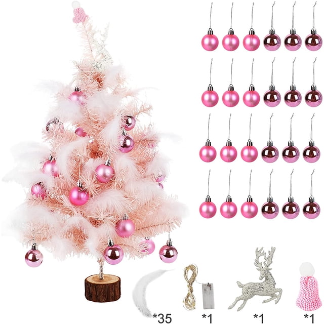 Mini Christmas Tree with Led Lights, Tabletop Christmas Tree with Balls& Elk, Fairy Feather Artificial Xmas Tree - Pink