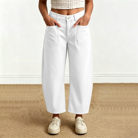Oiangi Women's Barrel Pants Button High Waisted Twill Dress Pant Fall Casual Business Ankle Trousers with Pockets White 2XL