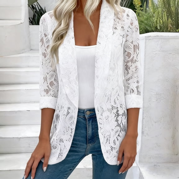 Xuyuer Women's Solid Color Lace Shirt Blazer for Spring Summer, Lightweight Formal Office Jacket with Elegant Detailing for Business Casual and Evening Wear