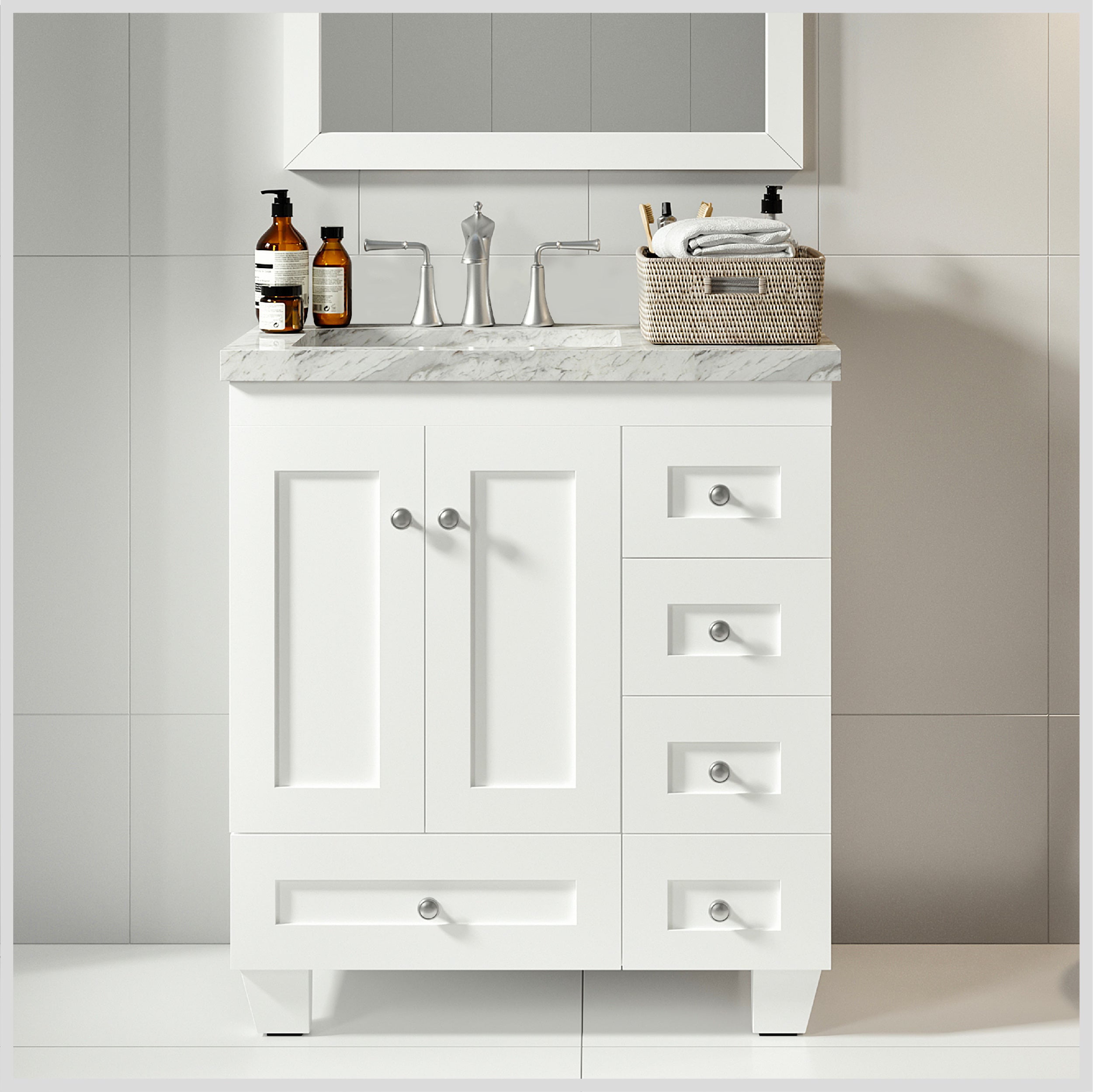Eviva Acclaim C. 30" Transitional White Bathroom Vanity with White Carrara Marble Countertop