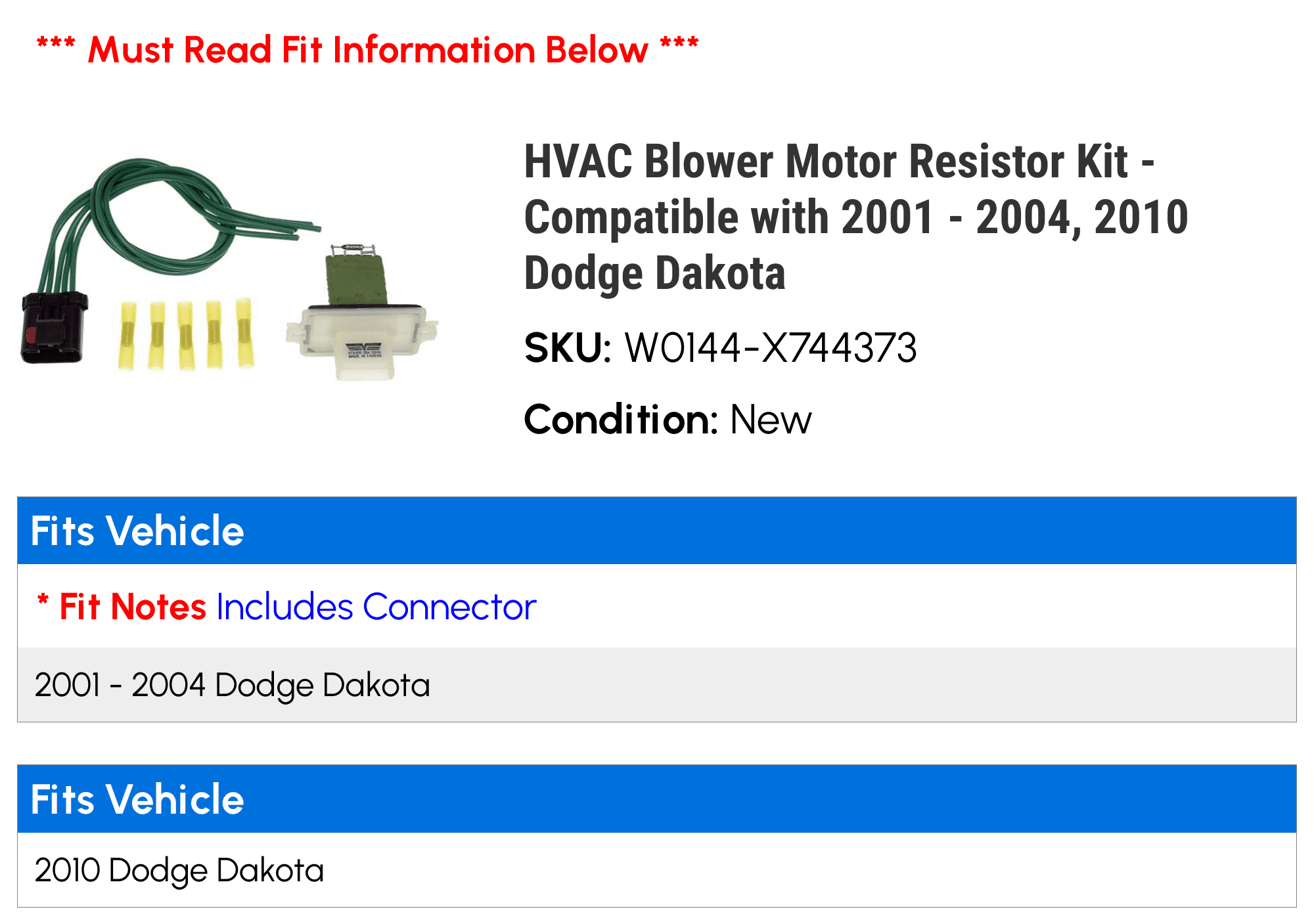 HVAC Blower Motor Resistor Kit - Compatible with 2001 - 2004, 2010 Dodge Dakota 2002 2003