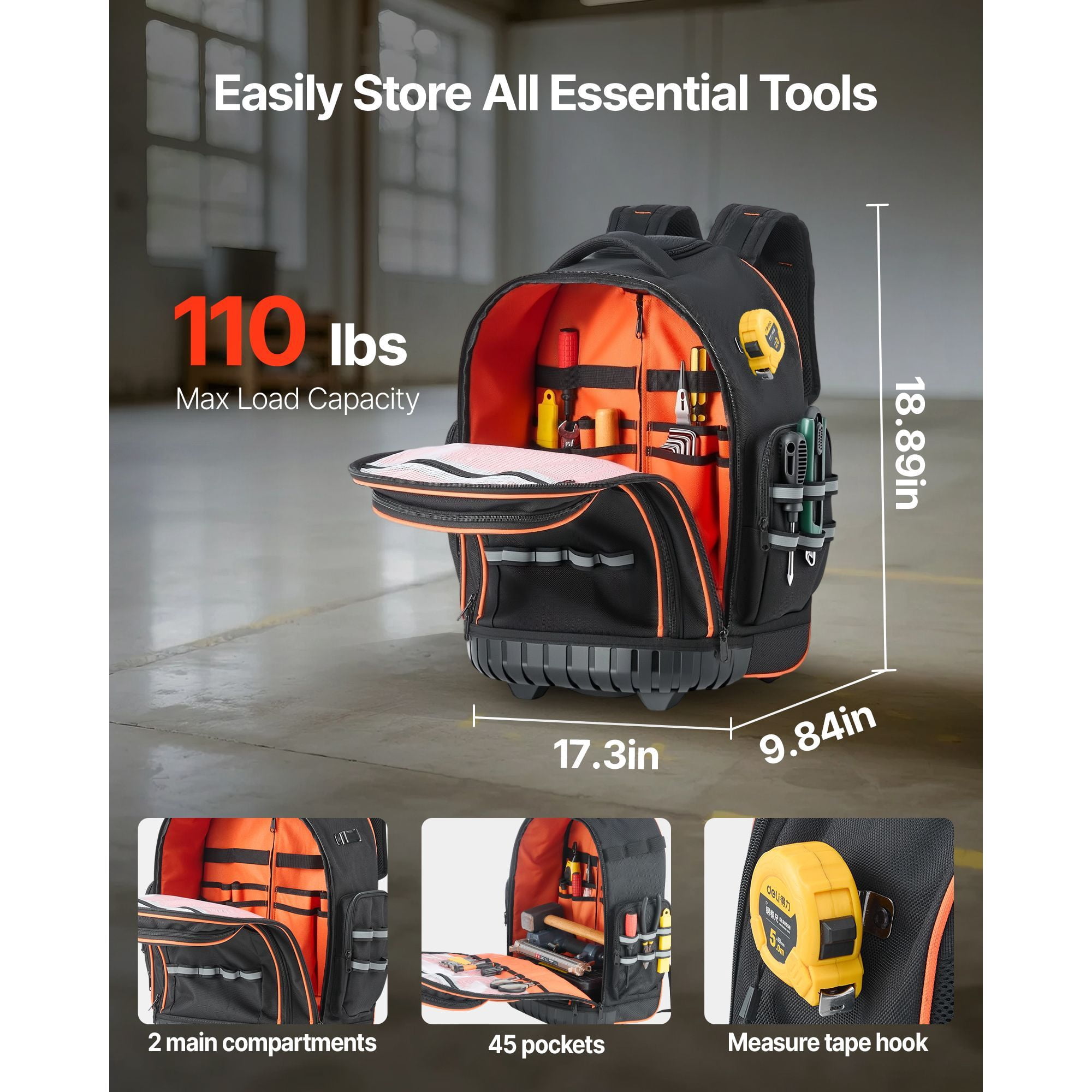 Rolling Tool Backpack with 45 Pockets, 110 lbs Capacity, 1680D Oxford Fabric, 2-Level Handle, for Electrician Plumber Mechanic