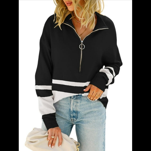 Suéter de Punto para Mujer, Suéter Extragrande con Media Cremallera y Larga, Sudadera con Capucha y Cremallera de un Cuarto, Otoño Negro L