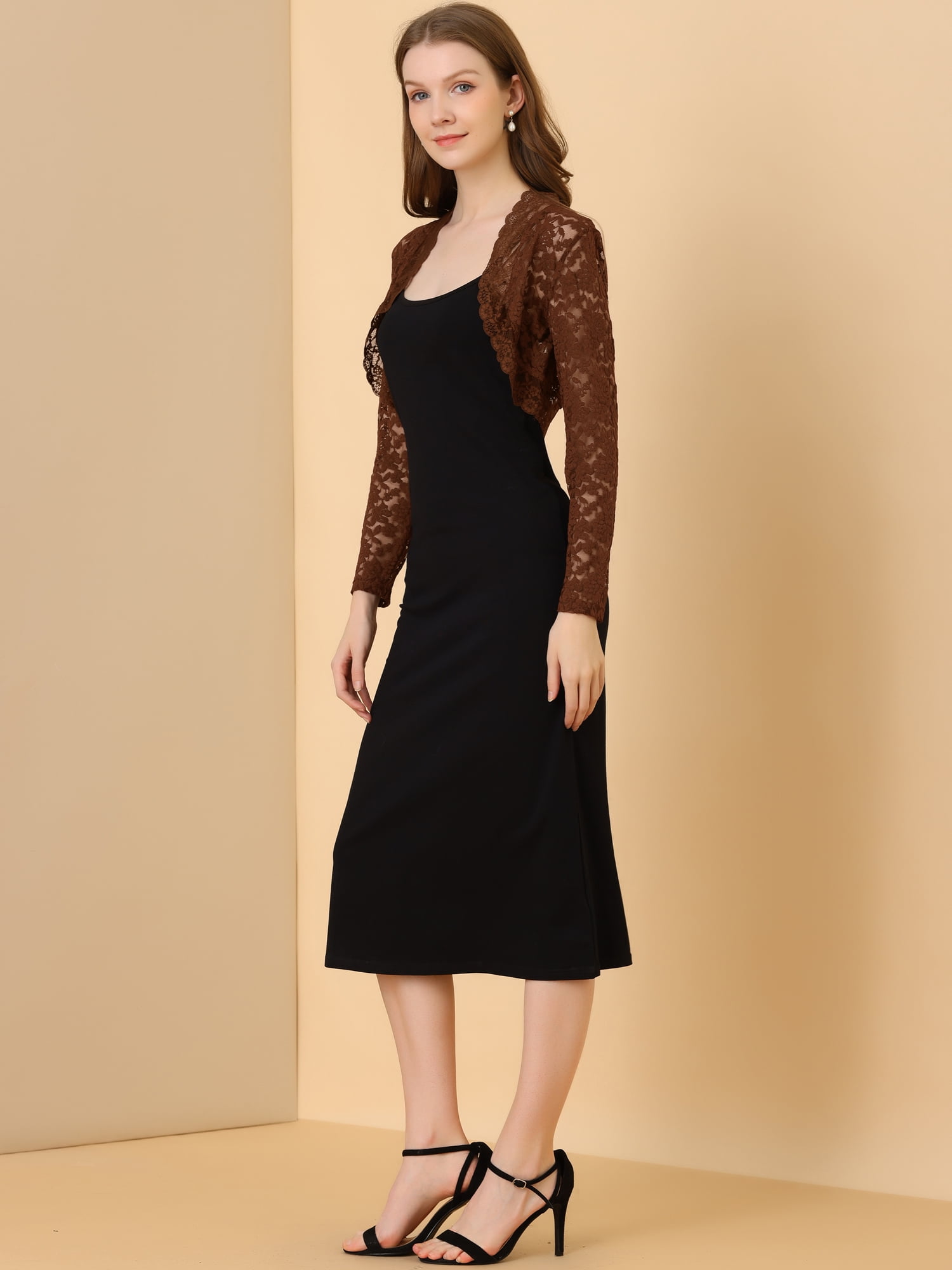 DARING DIVA Women's Lace Bolero Shrugs Sheer Crop Cardigan L Brown