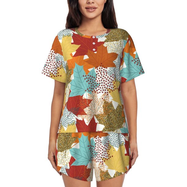 Balery Fall Maple Leaves Conjunto de Pijama para Mujer con Estampado, Dos Piezas de Manga Corta y Shorts, Ropa de Dormir Suave con Cuello Redondo y Bolsillos-3X-Large
