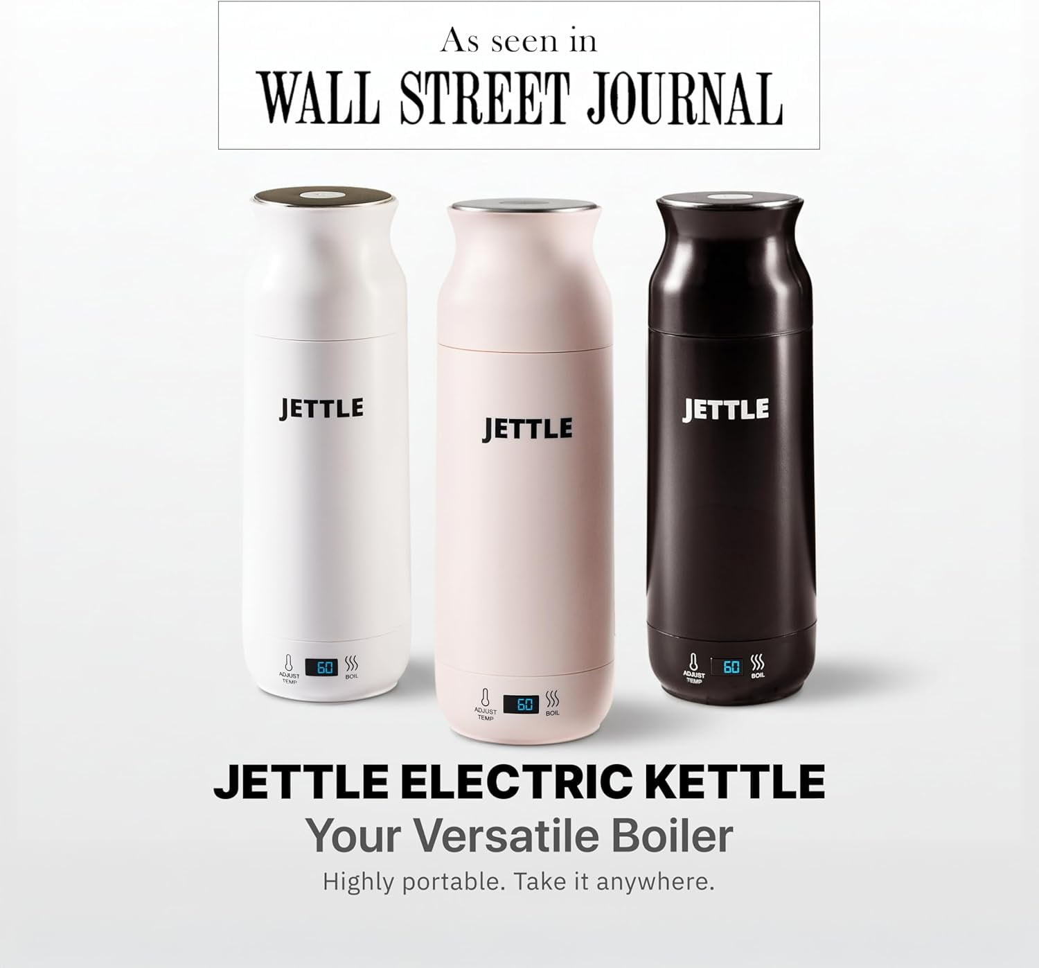 Jettle Travel Electric Kettle - 450ml Bottle-Style Top-Fill No-Spout Water Boiler for Tea & Coffee - Temperature Control, LED Display, Auto Shut-Off - Stainless Steel, 110V