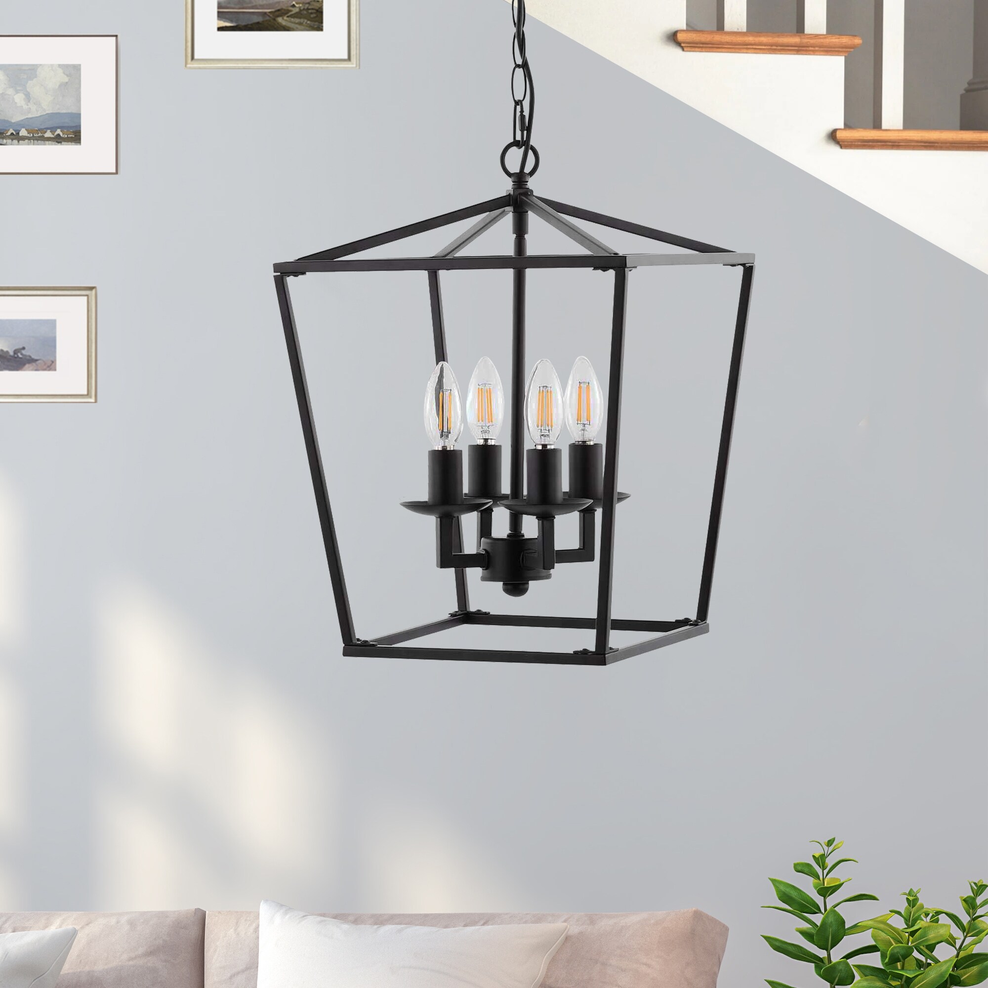GetLedel Farmhouse 4Light Cage Lantern Chandelier Pendant Light