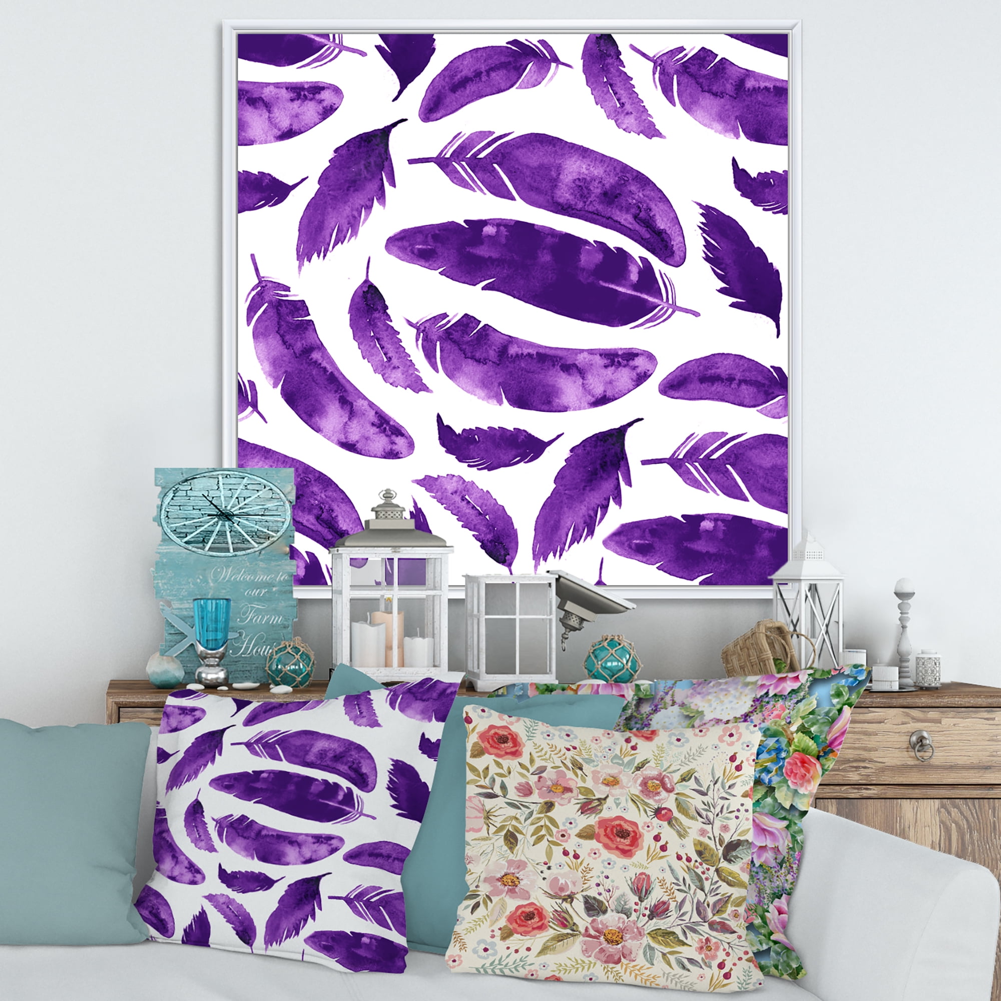 Designart 'Ethnic VIolet Feathers On White' Bohemian & Eclectic Framed Canvas Wall Art Print