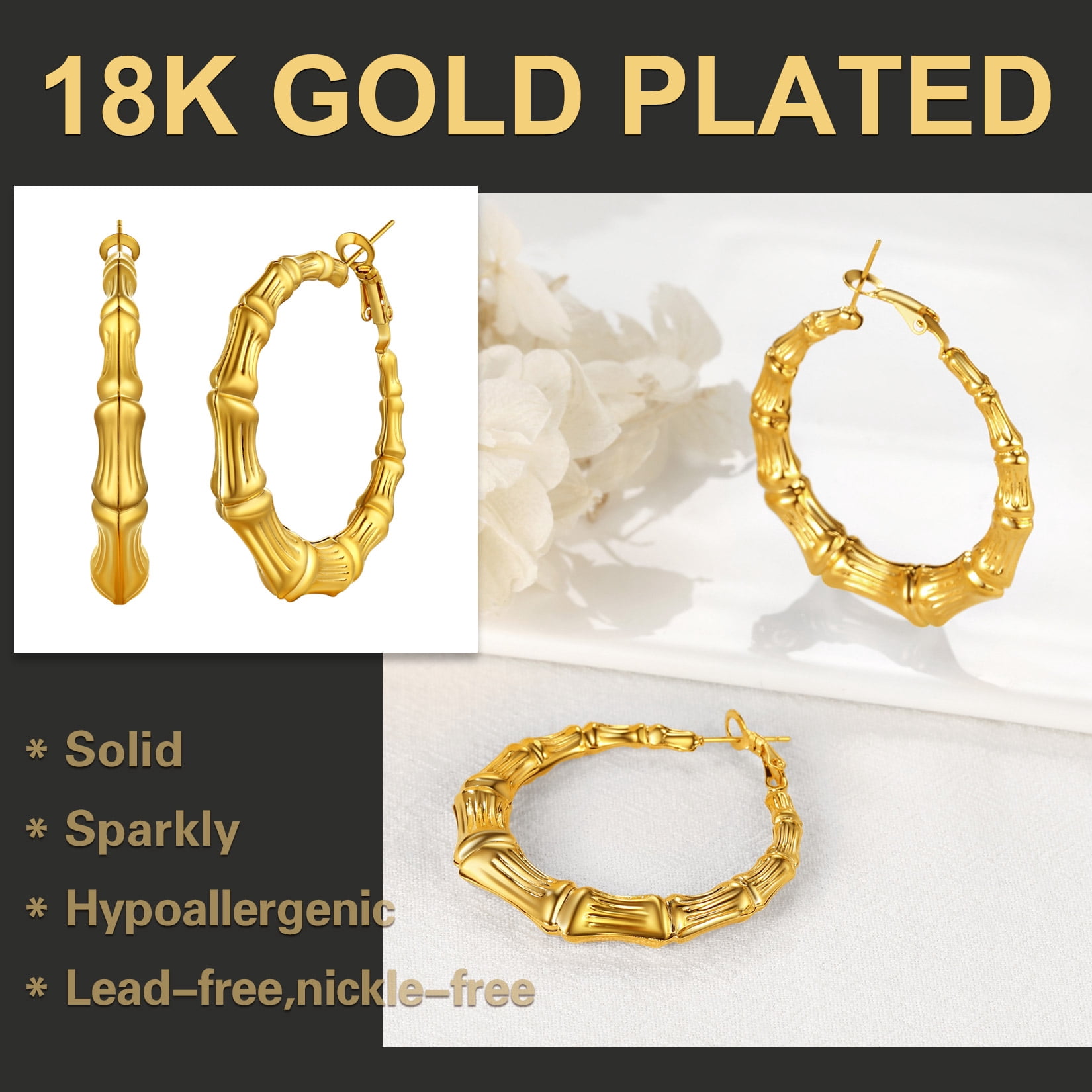 U7 Large Big Hoop Earring for Women Stainless Steel Gold Plated Bamboo Earrings 40mm Christmas Anniversary Gift for Mother Wife