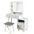 thumbnail image 2 of Modern Vanity Desk Set with LDE Lighted Mirror Cabinet and Stool, Makeup Vanity Table with Power Outlet, 4 Drawers and 3-tier Hidden Shelves, Dressing Table for Girls Women, White, 2 of 5