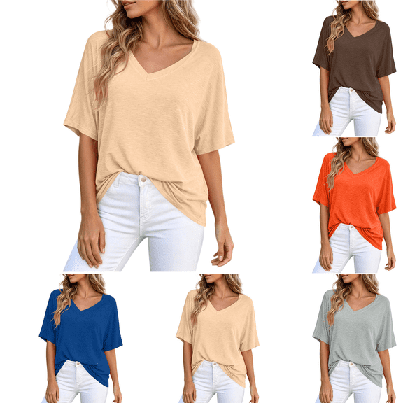 Lunaseek Plus Size Tops for Women Short Sleeve V-Neck Ladies Tshirts Oversized Solid Tops Clothes under $5.00
