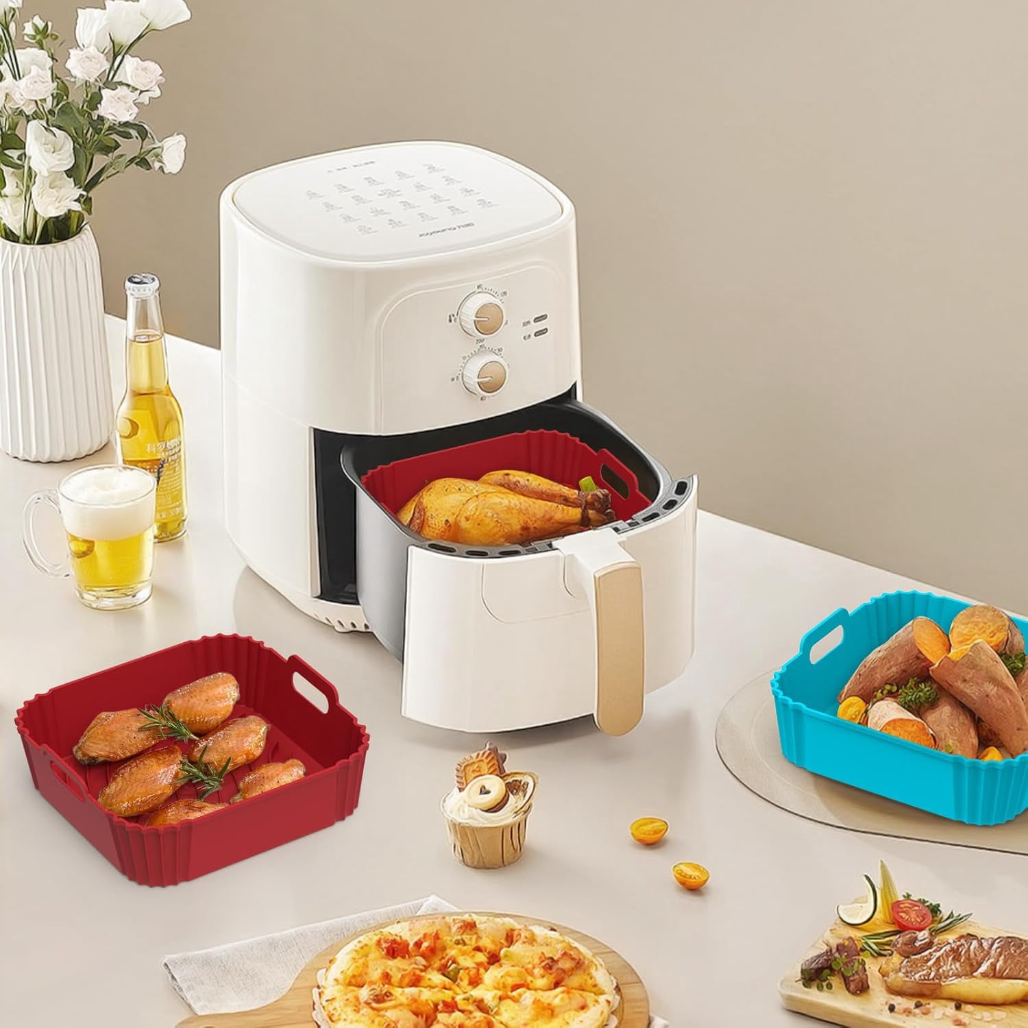 Air Fryer Silicone Liners, Square Airfryer Liners, Silicone Air Fryer Liners Reusable for 4-6 QT, Air Fryer Accessories Replacement for Parchment, Airfryer Liners Silicone