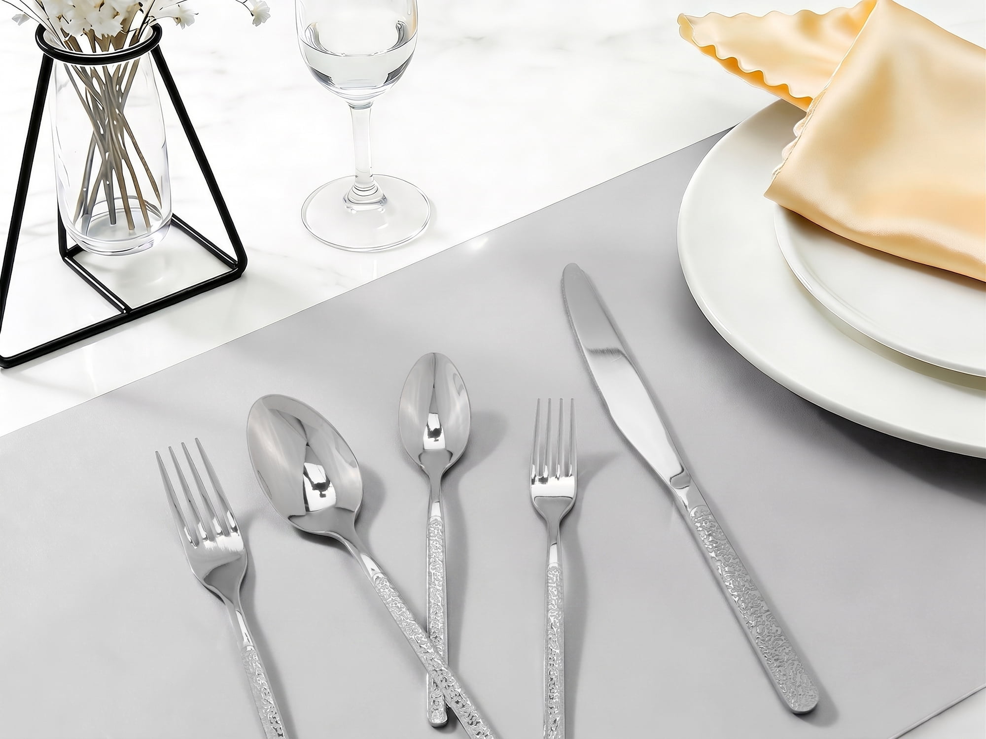 Unique Bargains 20 Piece  Stainless Steel Flatware Set with Texture and Mirror Silver