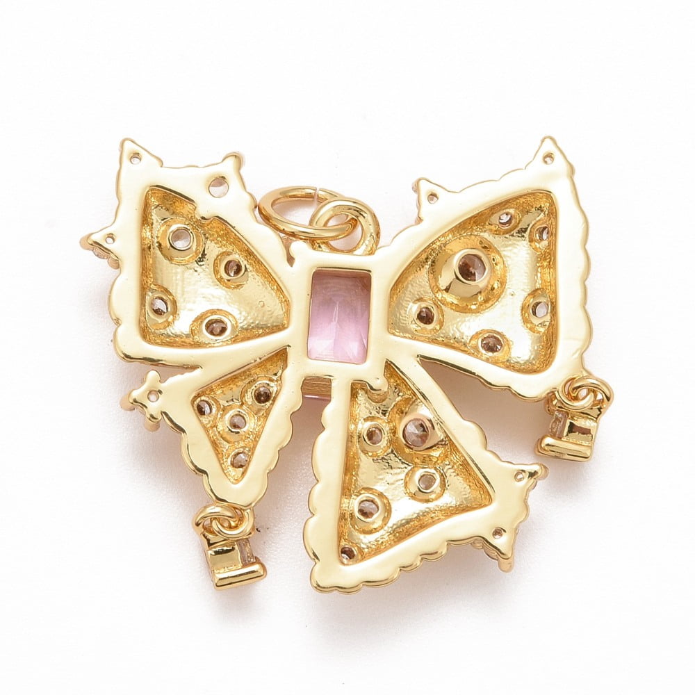 5pc Rack Plating Brass Pink & Clear Cubic Zirconia Pendants Bowknot Real 18K Gold Plated 24.5x24.5x4mm Jump Ring: 5x0.5mm Inner Diameter: 3.5mm