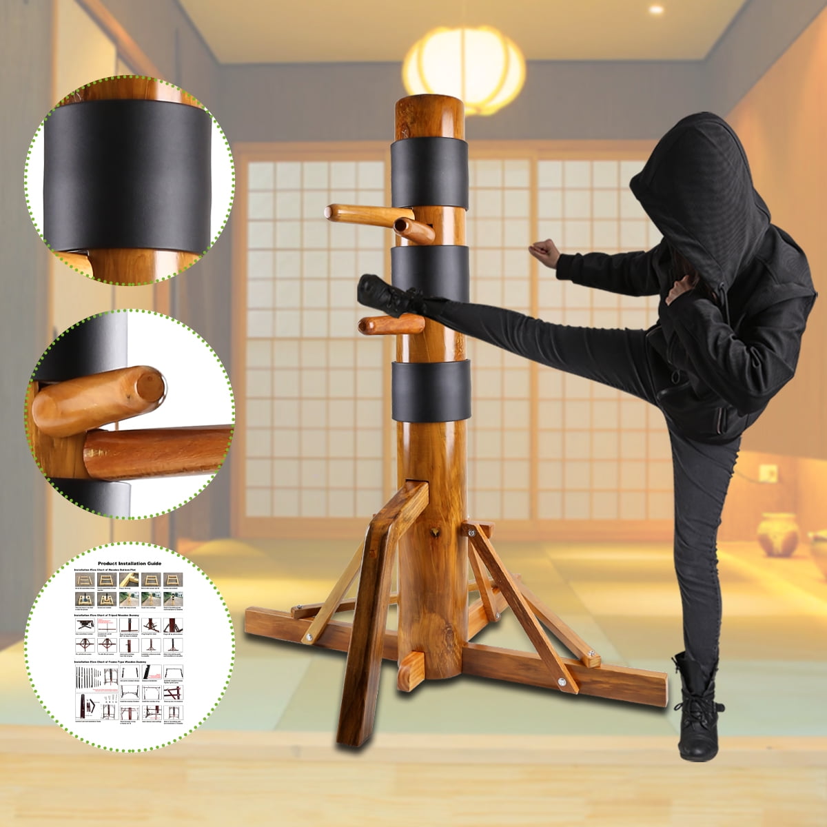 Geniqua Walnut Tripod Wing Chun Dummy for Martial Arts Training
