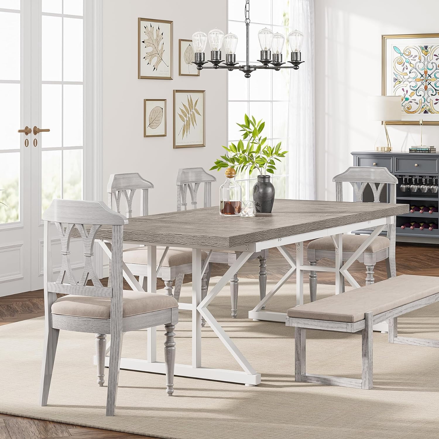 Finmind Farmhouse Dining Table for 6, 71" Rectangular Wood Kitchen Table for Dining Room, Kitchen(Grey/White)