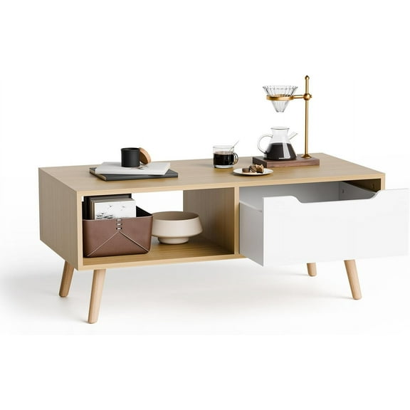 REKHH Modern Wooden Coffee Table with Storage, Minimalist Hallway Mid Century Cocktail Table for Living Room Apartment Reception, Oak