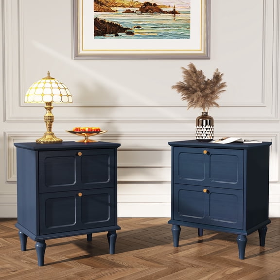 CBJCBJ21" Mid-century Nightstands Set of Two, Featuring Two Storage Drawers with Metal Handles, Blue