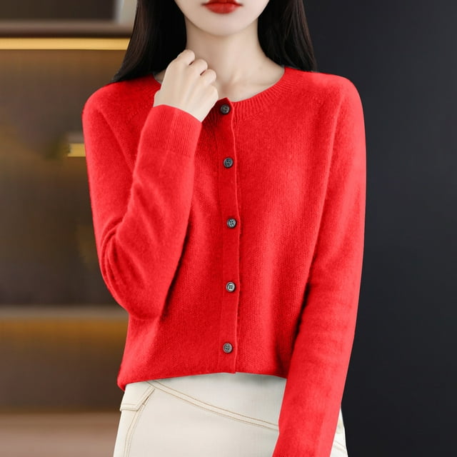 Baberdicy Haut en Tricot Uni pour Femme, Cardigan à Col Rond Ouvert à l'Avant, Cardigan Uni à Col Rond, Chandail en Tricot Décontracté, Haut de Tous les Jours Rouge G