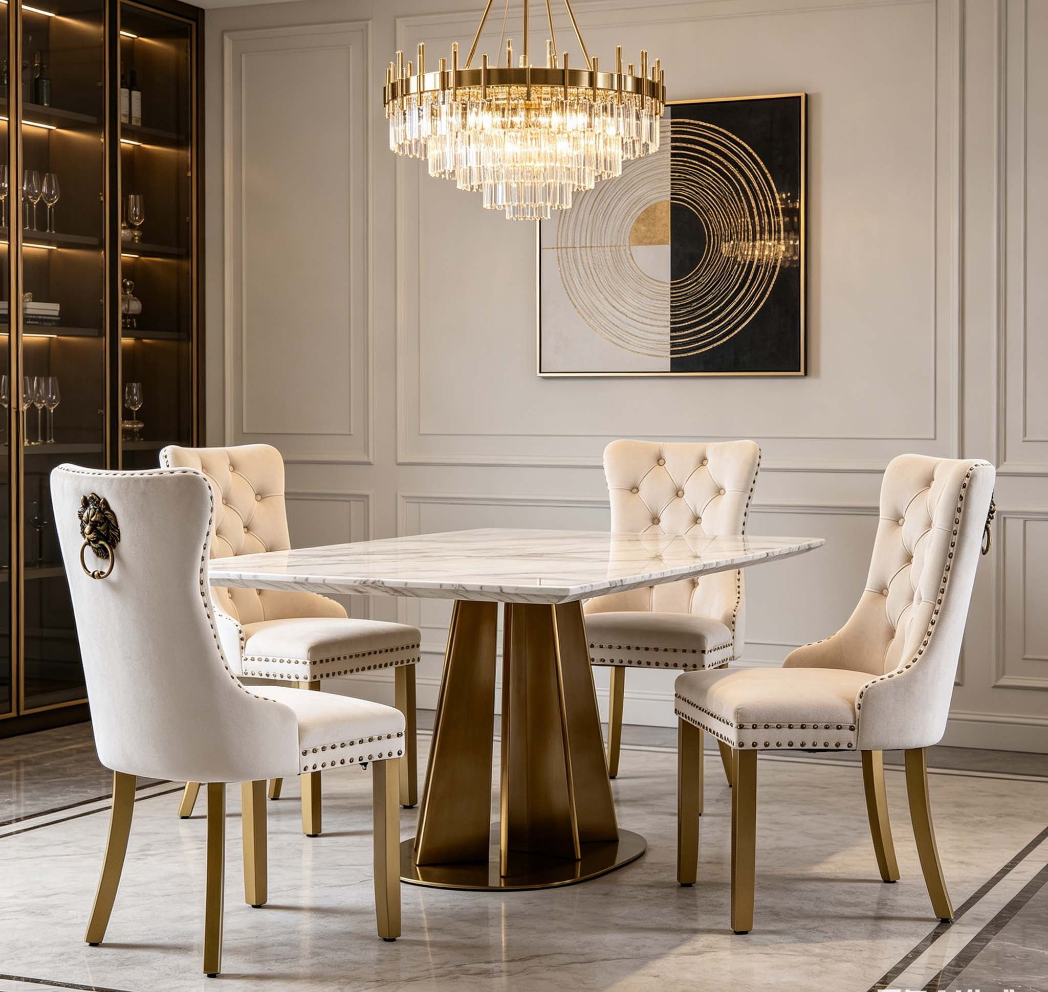 Jiayuan Song Mid-Century Velvet Dining Chairs, Black, Gold Solid Wood Legs & Lion Pulls, Set of 2