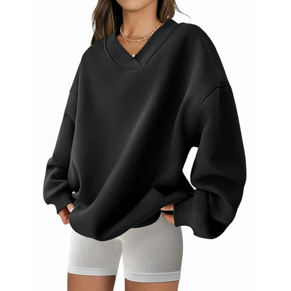 Womens Oversized V Neck Sweatshirt Fleece Long Sleeve Hoodies Pullover Comfy Top Outfits 2025 Clothes Black S