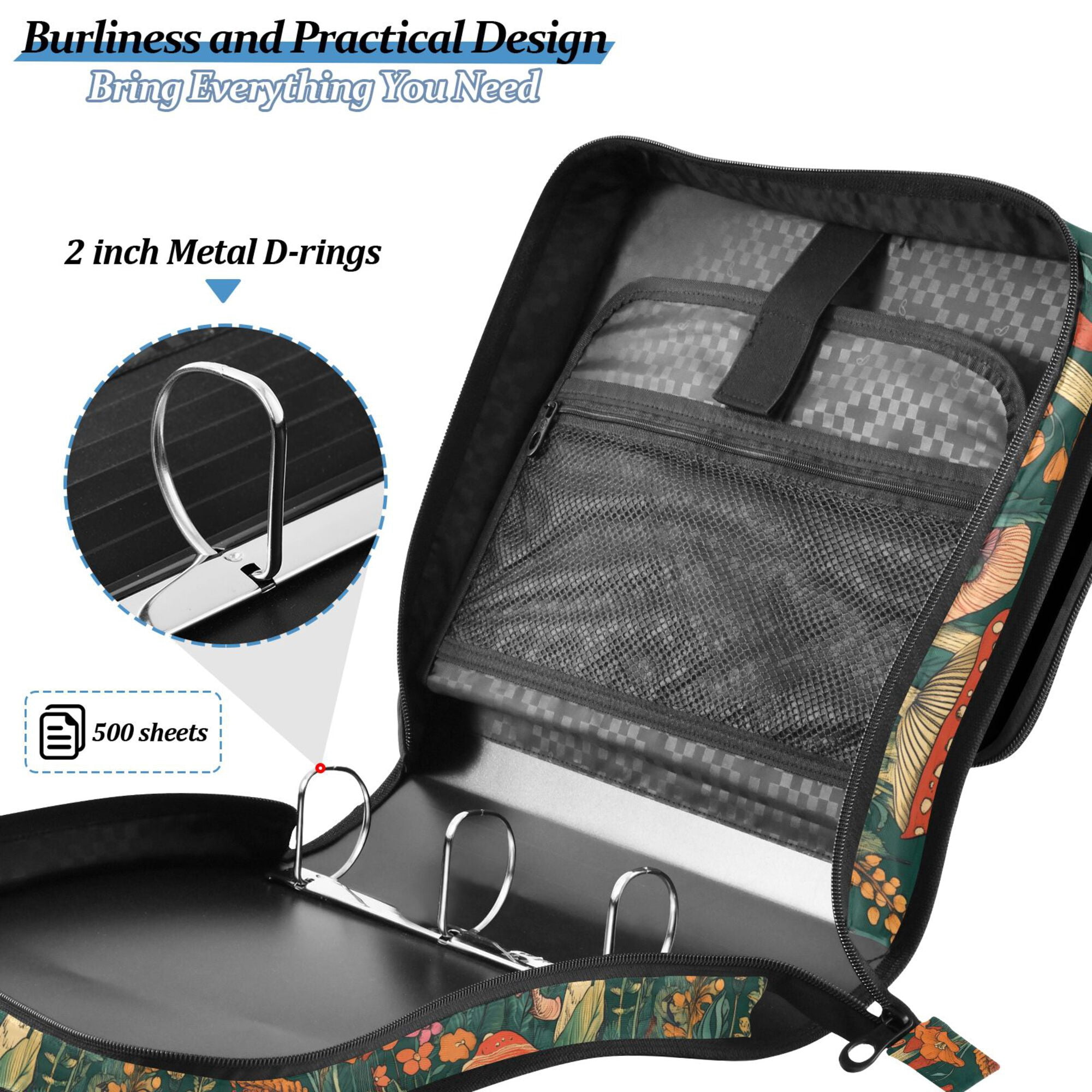 FORMRS Zipper Binder with Shoulder Strap 2-inch Ring 500 Sheet Capacity File Bag, Floral Mushroom