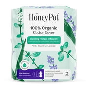 Honey Pot 100% Organic Cotton Cover Cooling Herbal Infusion Overnight Pads, 12 Count