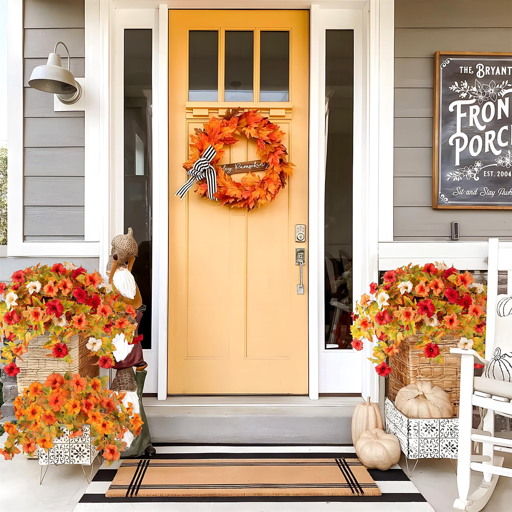 TETOU 2Pcs Artificial Fake Fall Flower for Outdoor, Faux Petunias Silk Flower UV Resistant No Fade for Fall Halloween Thanksgiving  Garden Balcony Yard Porch  Indoor Outdoor Decoration (Orange White)