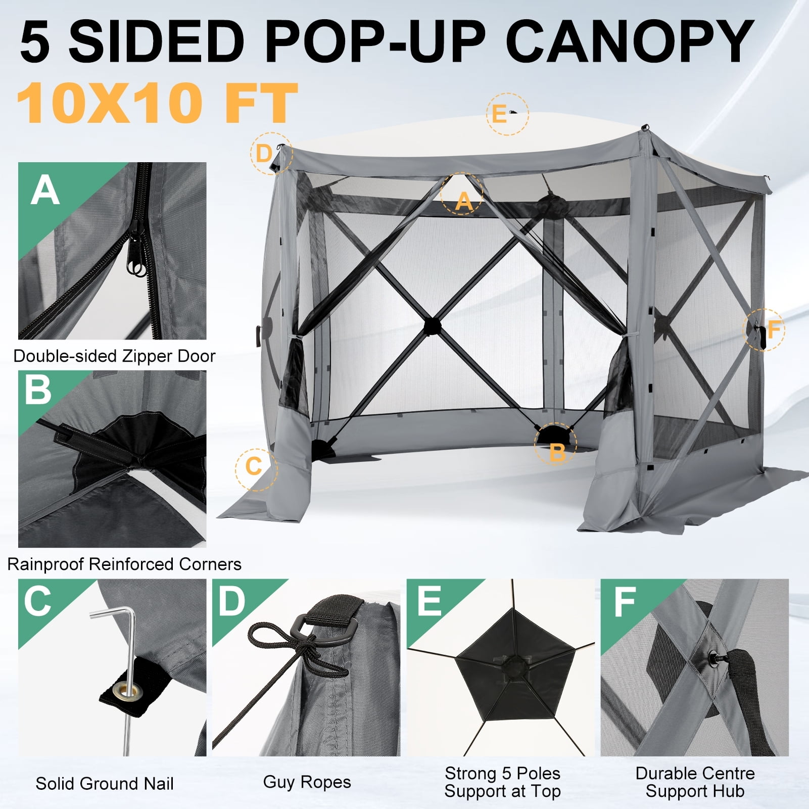 COBIZI 10x10 Pop up Gazebo Screen Tent Screen House for Camping,5 Sided Pop-up Camping Canopy Shelter Tent with Mesh Windows,Portable Outdoor Quick-set Hub Tent with Carrying Bag&Ground Stakes,Gray