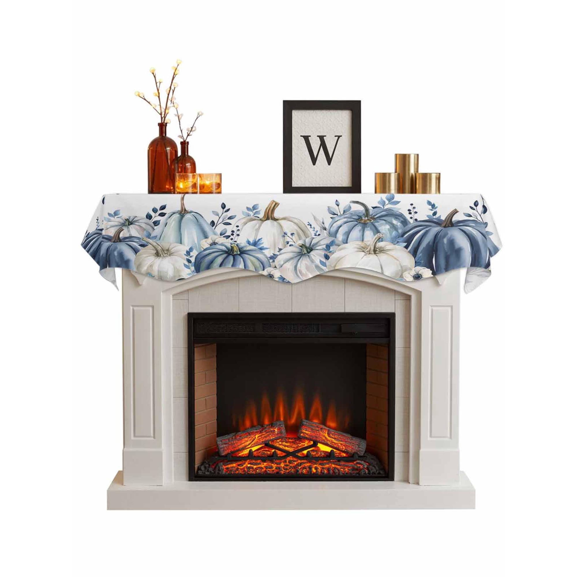 Blue Fall Fireplace Mantle Scarf Thanksgiving Pumpkins Weeping Botanical Mantel Cover Table Runner for Home Living Room Door Window Indoor Outdoor Holiday Party Decor 17 x 60