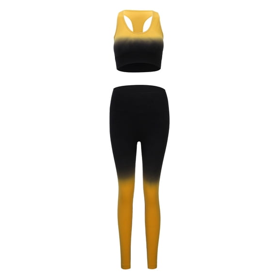KHONTS Women's Two Piece Sets Racerback Yoga Bras Workout Gradient Color Outfits Waistband Exercise Outfits Yellow XL
