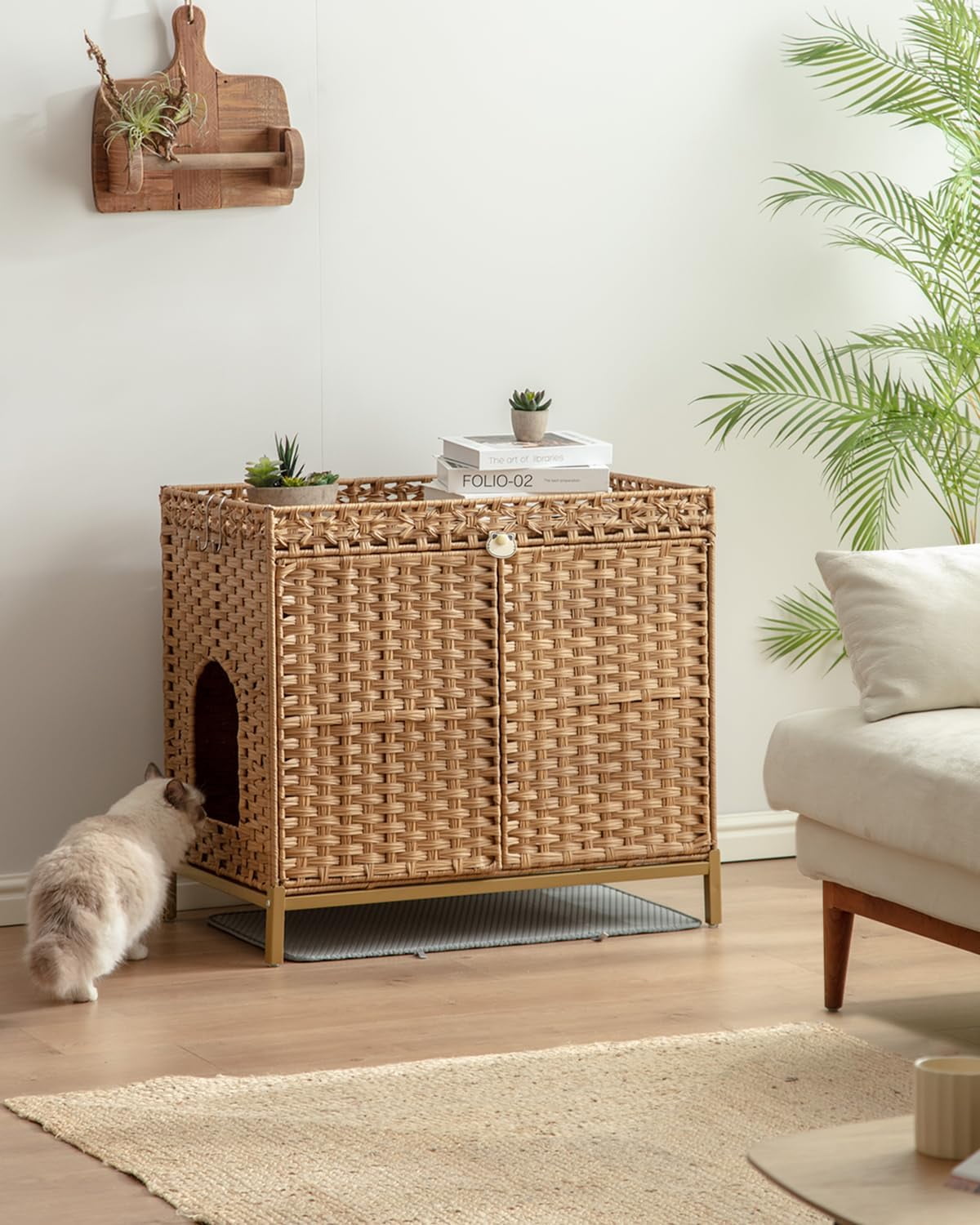 Cat Litter Box Enclosure Furniture, Hidden Handwoven Rattan Litter Box with Mat, Large Cat House with Metal Heightened Feet, 30.3 x 18.3 x 28 Inches, Indoor for Living Room, Bedroom Natural