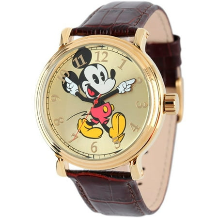 Mickey Mouse Wrist Watch - Disney Mickey Mouse Men's Shinny Gold Vintage Articulating Alloy Case Watch, Brown Leather Strap