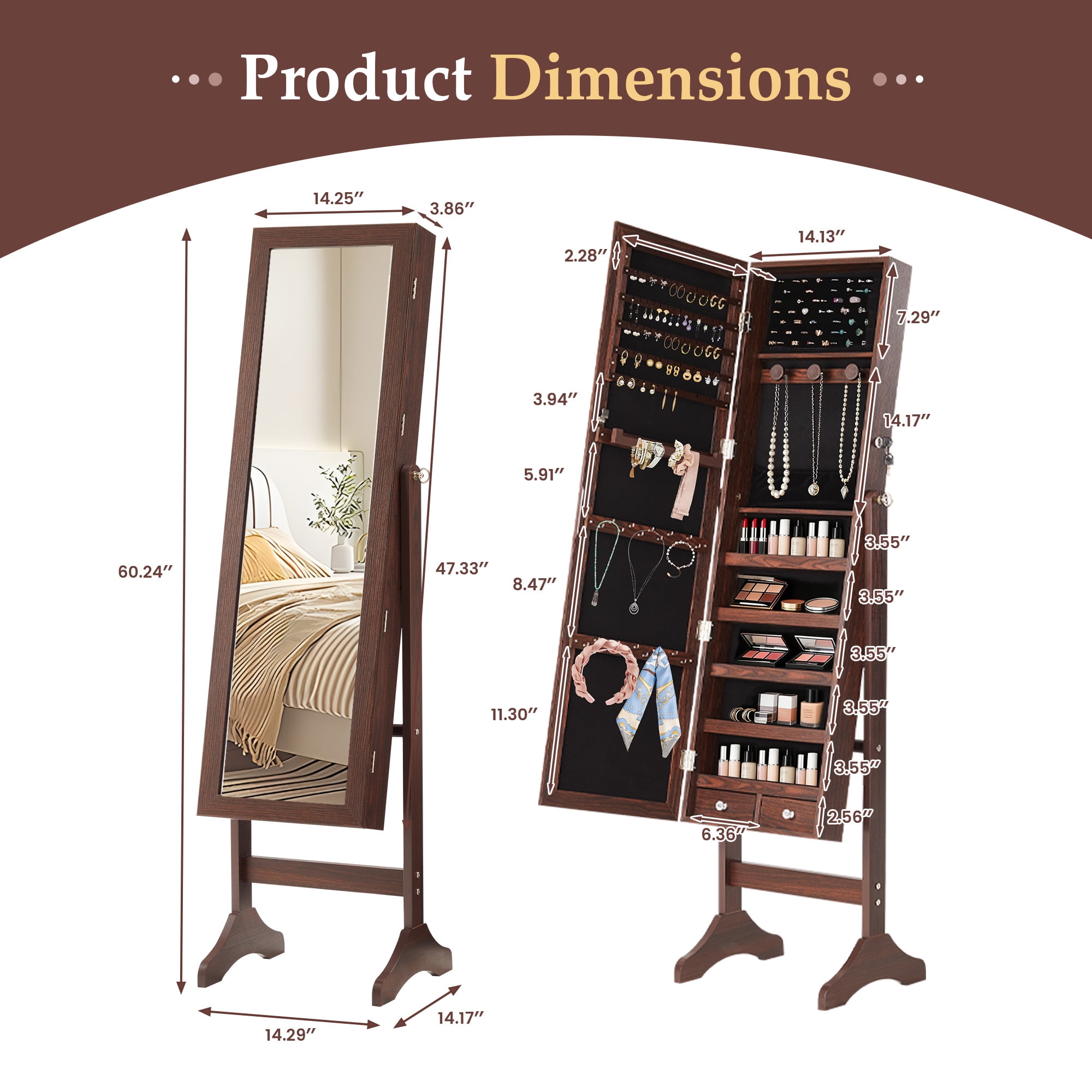 EDX Freestanding Full-Length Mirror Jewelry Cabinet, 3 Angle Adjustable Large Jewelry Armoire Organizer with Makeup Storage, Brown